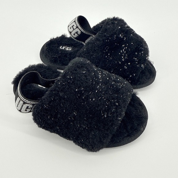 UGG Fluff Yeah Slide Slippers Black Glitter Elastic Strap Toddler SZ 8 Lamb Fur - Picture 1 of 5